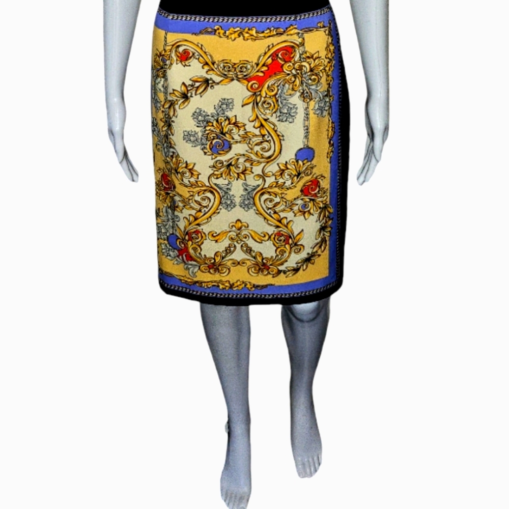Maggy London Baroque Scarf Print Illusion Sheath Dress – Ornate Gold & Blue Sz10 - Picture 3 of 9